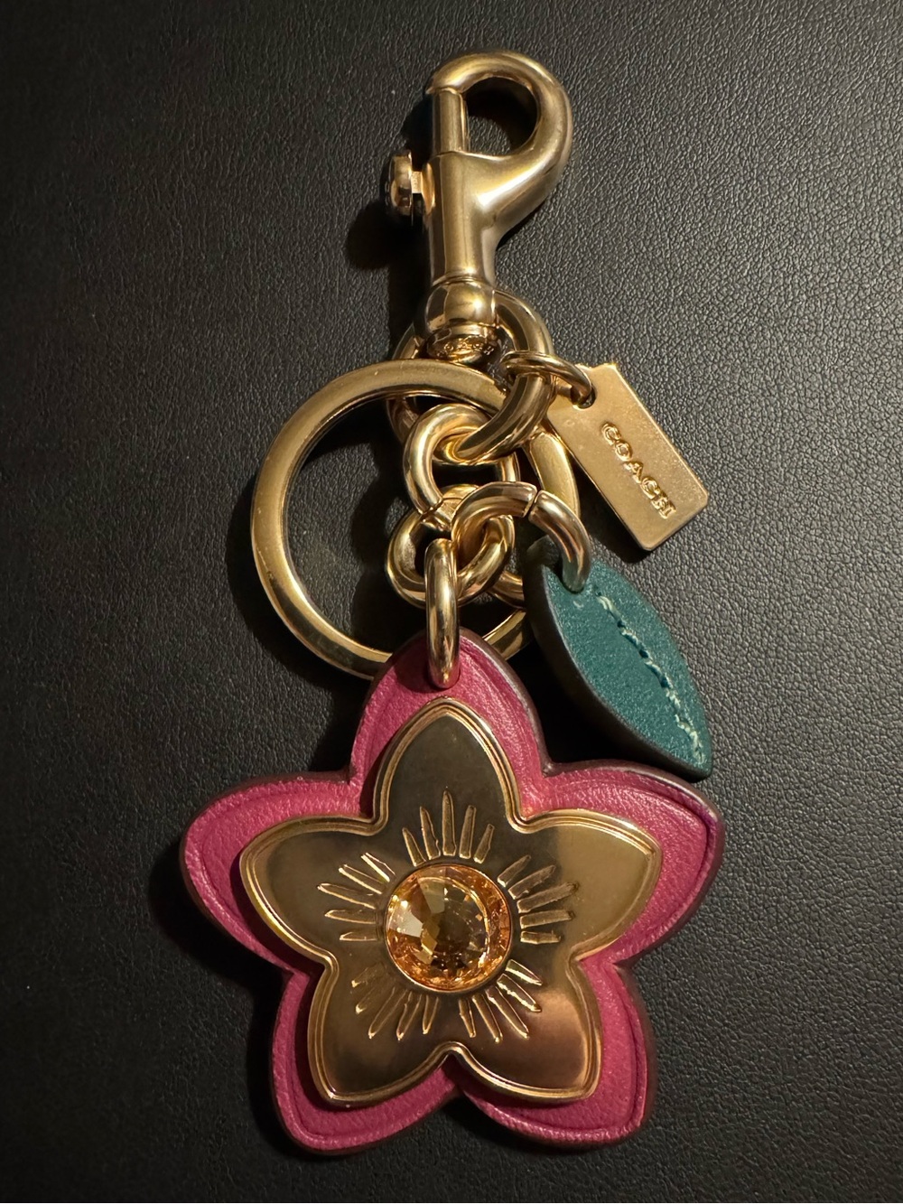 Coach Pink Wildflower Charm with Crystal Center and Gold Hardware